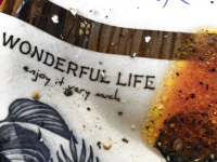 eaten up salad on a plate with lettering wonderful life and with some oil and juice of tomatoes