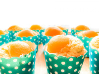 apricot muffins in turquoise muffin cups with white dots