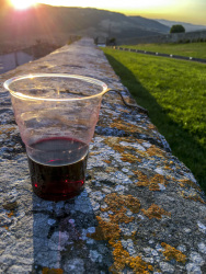 picknick on an old stone wall at sunset with a plastic cup red wine