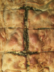 golden brown spinach cake right out of the oven