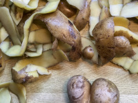 a funny potatoe which looks like a laughing heart is laying between potato peels