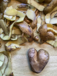 a funny potatoe which looks like a laughing heart is laying between potato peels