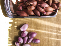 weighed and peeled shallots ready for prepairing greek stifado