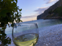 in front of a lovely beach at sunset light you see a glass of white wine