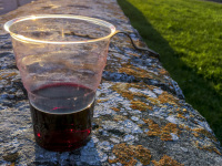 picknick on an old stone wall at sunset with a plastic cup red wine