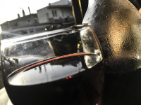 dark red wine in a glass and next to it in a bottle
