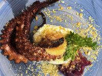 grilled octopus on top of a buffalo mozzarella with some basil and red onion chutney on a blue plate