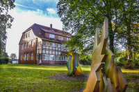 abstract artworks in front of a half-timbered house and some trees