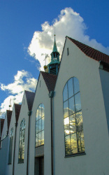 reflections in the big church windows of the st. peter paul church in hermansburg in lower saxony