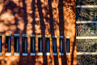 shadows of trees at the red wall of the church of the evangelical mission in hermannsburg in lower saxony