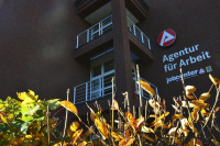autumnal bushes in front of the building of the employment office in celle in lower saxony
