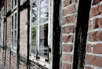 the facade of an old half-timbered with old windows and red briks near bergen in lower saxony