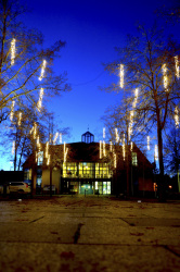 the city hall of hermannsburg in lower saxony is lit up for christmas at a nice evening light