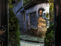 the entrance of the cafe chevalier in ioannina is framed with green plants, in the opposite are graffiti