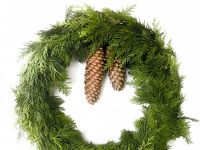 a conifere wreath decorated with two pine cones in front of a white wall