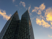 a lovely evening sky over a highrising-house in hamburg