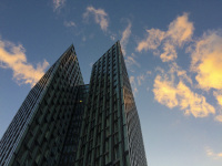 a lovely evening sky over a highrising-house in hamburg
