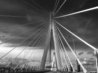 the architectural view of the rio- antirrio bridge near patras, black-and-white