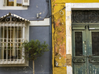 a small olive tree, an old turquoise door and an ornamentfull metall window in the old town of ioannina