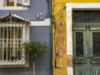 a small olive tree, an old turquoise door and an ornamentfull metall window in the old town of ioannina