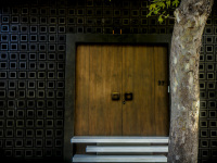 a tree in front of a modern entrance with a wooden front door in athens