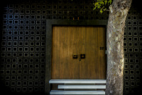 a tree in front of a modern entrance with a wooden front door in athens