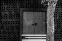 a tree in front of a modern entrance with a wooden front door in athens, black-and-white