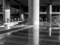 reflections at the entrance of the acropolis museum in makriyanni in athens, black-and-white