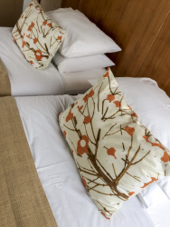 a double bed at a wooden wall with white and colored pillows in the philippos hotel in athens