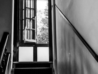 stairs are leading to a door arch and some windows in the hotel elafos on rhodes, black-and-white