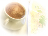a cup of coffee americano and a map of bovino in puglia