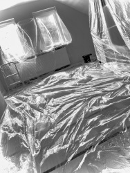 renovation work that looks like the art of the artist christo, black-and-white