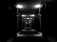 the long corridor of the hotel nh collection köln mediapark in cologne, black-and-white