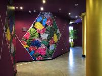 a corridor with colorful design of the hotel crystal light in nis in serbia