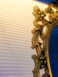 the evening sun is shining on an golden ornamental mirror