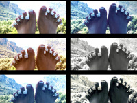 self-portrait while painting toenails, collage
