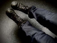 self-portrait with blue pants and black boots