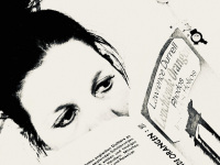 self-portrait while reading lawrence durrell, black-and-white