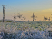 hoarfrost covered meadows and electricity pylons on a sunny november morning