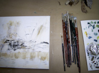 a dozen of paint brushes and two little painted canvas