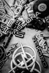 a collection of signs of opel oldtimer like ascona or rekord, black-and-white