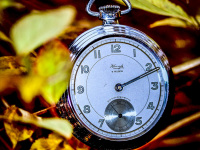 an old silver pocket watch is hanging in yellow autumn leaves