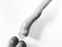 a funny exclamation mark is builded by a carot and a potatoe, black-and-white
