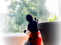 a mickey mouse puppet is sitting at a window and looks outside