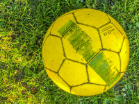 a yellow green football of the football world cup 2014 in brazil is laying on grass in the same nuance like the grass