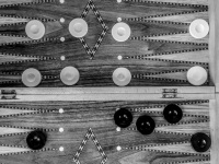 a backgammon board with white and black game pieces, black-and-white