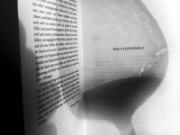 the shadow of a glass of wine is reflecting on the first page of the book steppenwolf from hermann hesse, black-and-white