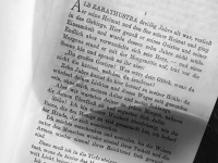on the first page of the book thus spoke zarathustra by friedrich  nietzsche there is a shadow of a glass of wine, black-and-white