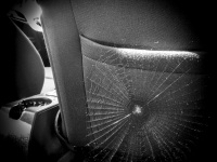 a spider net on the backside of an auto seat, black-and-white