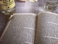 a open site of the book reflections of a marine venus from lawrence durrell, a bottle cair retsina, a glass, a candle and a blossom of frangipani